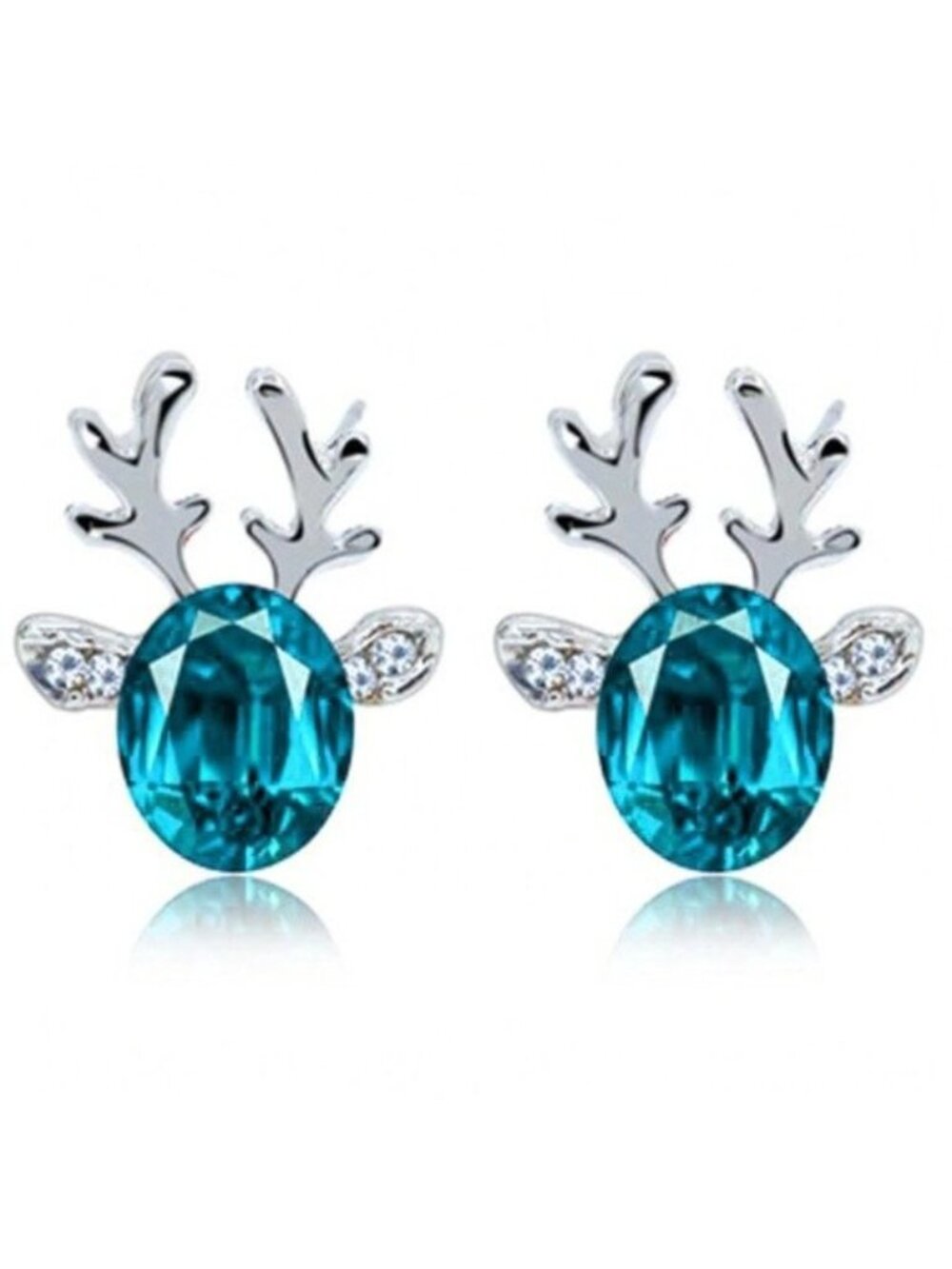 Reindeer Blue Crystal Christmas Silver Stud Earrings
